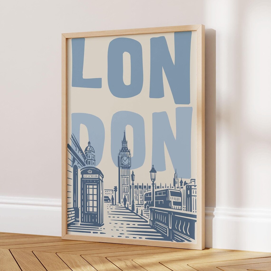 London Bold Blue Big Ben Phone Booth Typography Travel Poster