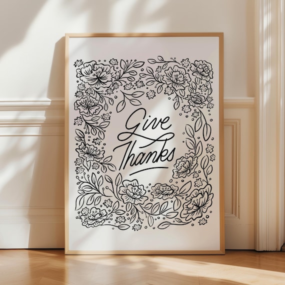 Give Thanks Script Floral Lettering Thanksgiving Fall Decor Poster