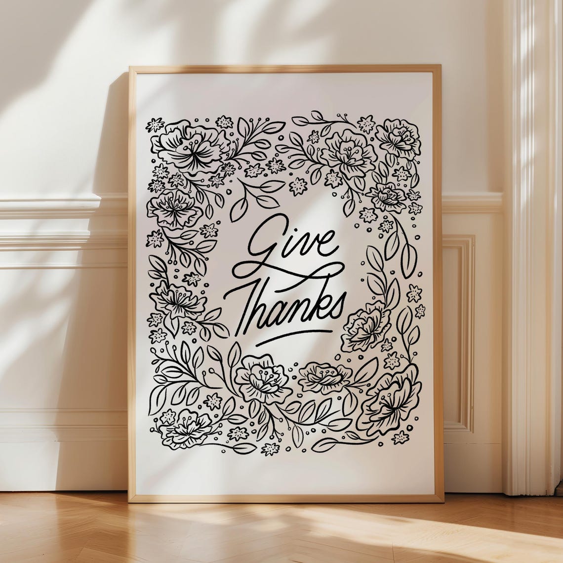 Give Thanks Script Floral Lettering Thanksgiving Fall Decor Poster