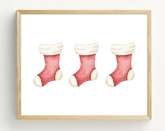 Christmas Red Stockings Art Print, Holiday Decor