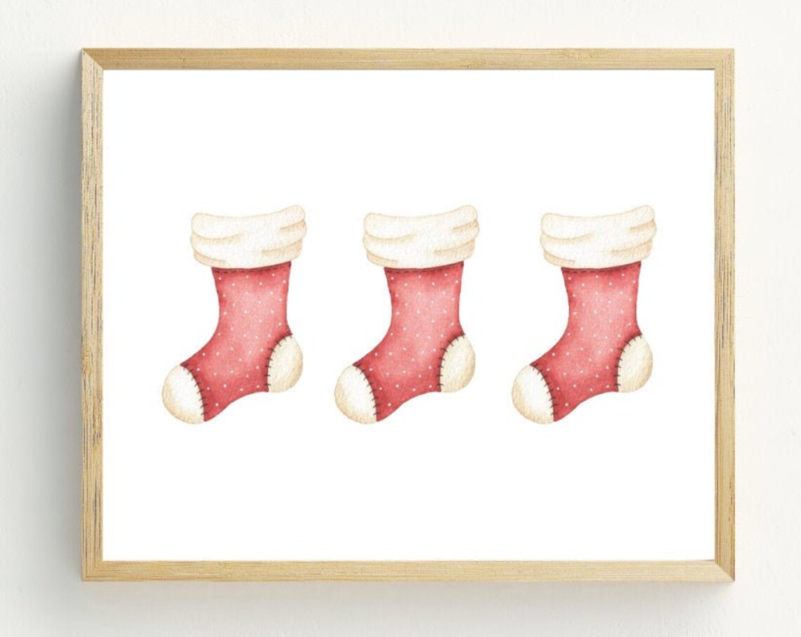 Christmas Red Stockings Art Print, Holiday Decor