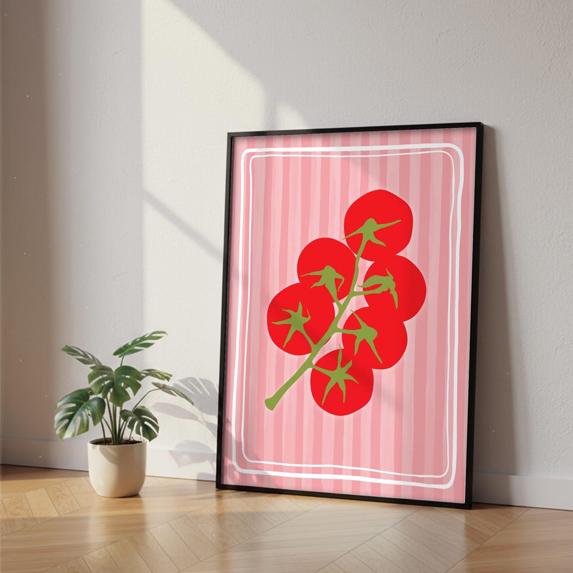 Tomato Vine Watercolor Pink Stripes Fresh Kitchen Art Poster