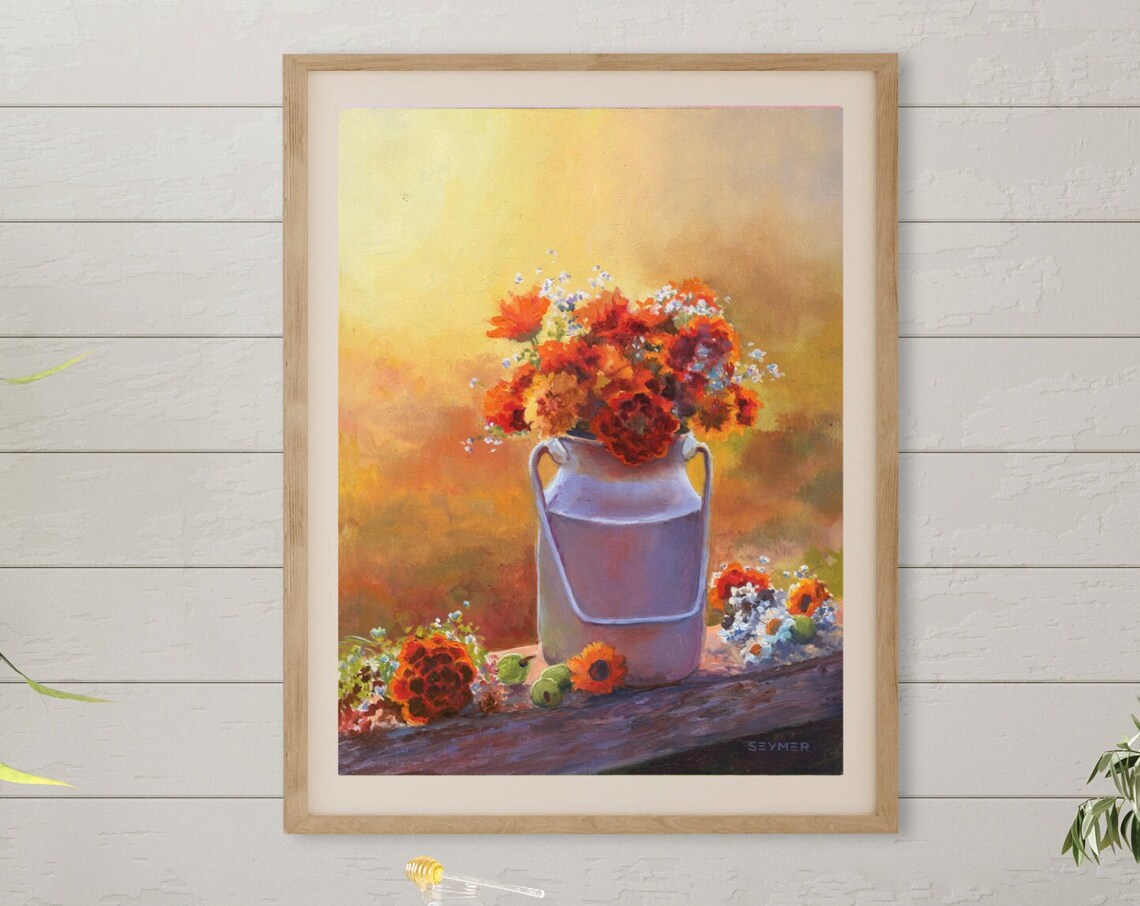 Orange Marigold Bouquet Still Life Oil Painting In Milk Can Poster - Image 5