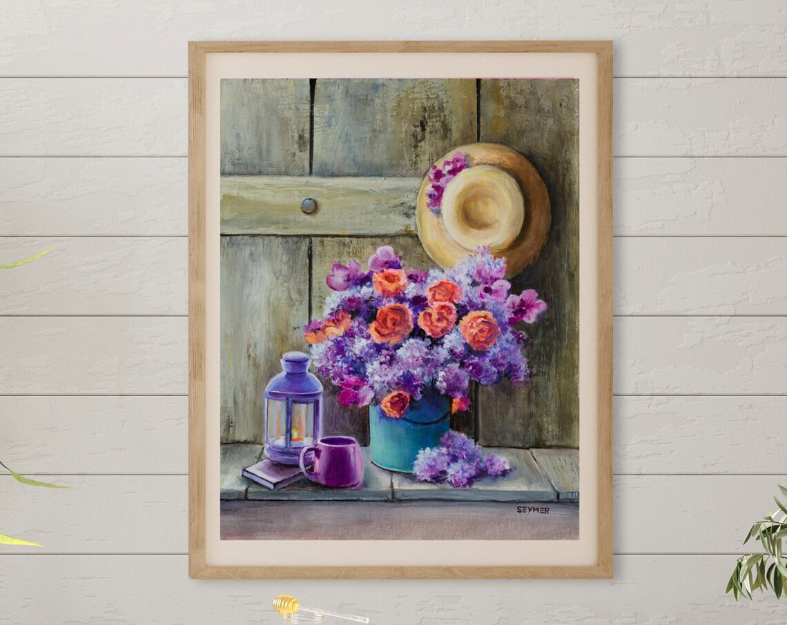 Lilac And Roses Bouquet Still Life Oil Painting With Lantern Poster - Image 5