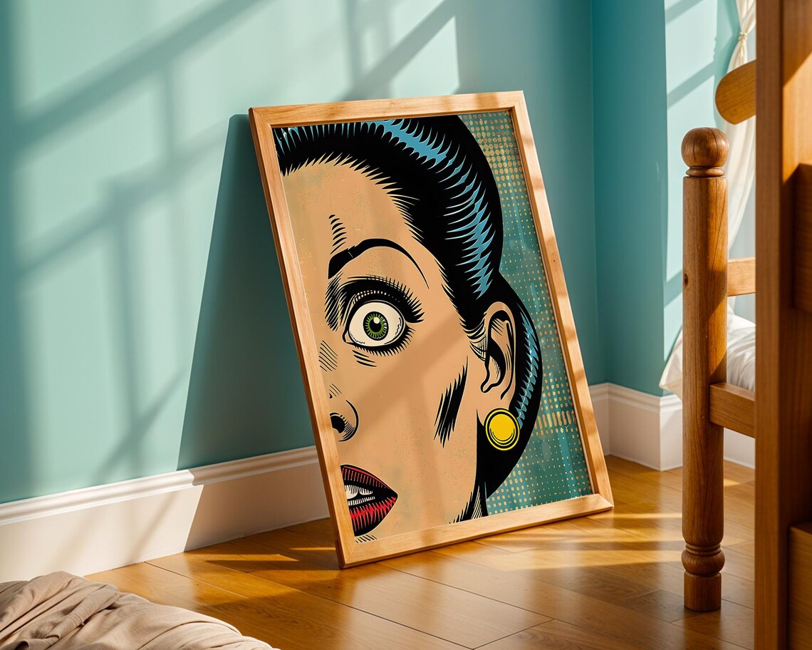 Retro Pop Art Woman Wall Print Bold Vintage Comic Style Portrait With Dramatic Expression Midcentury Modern Home Decor Poster