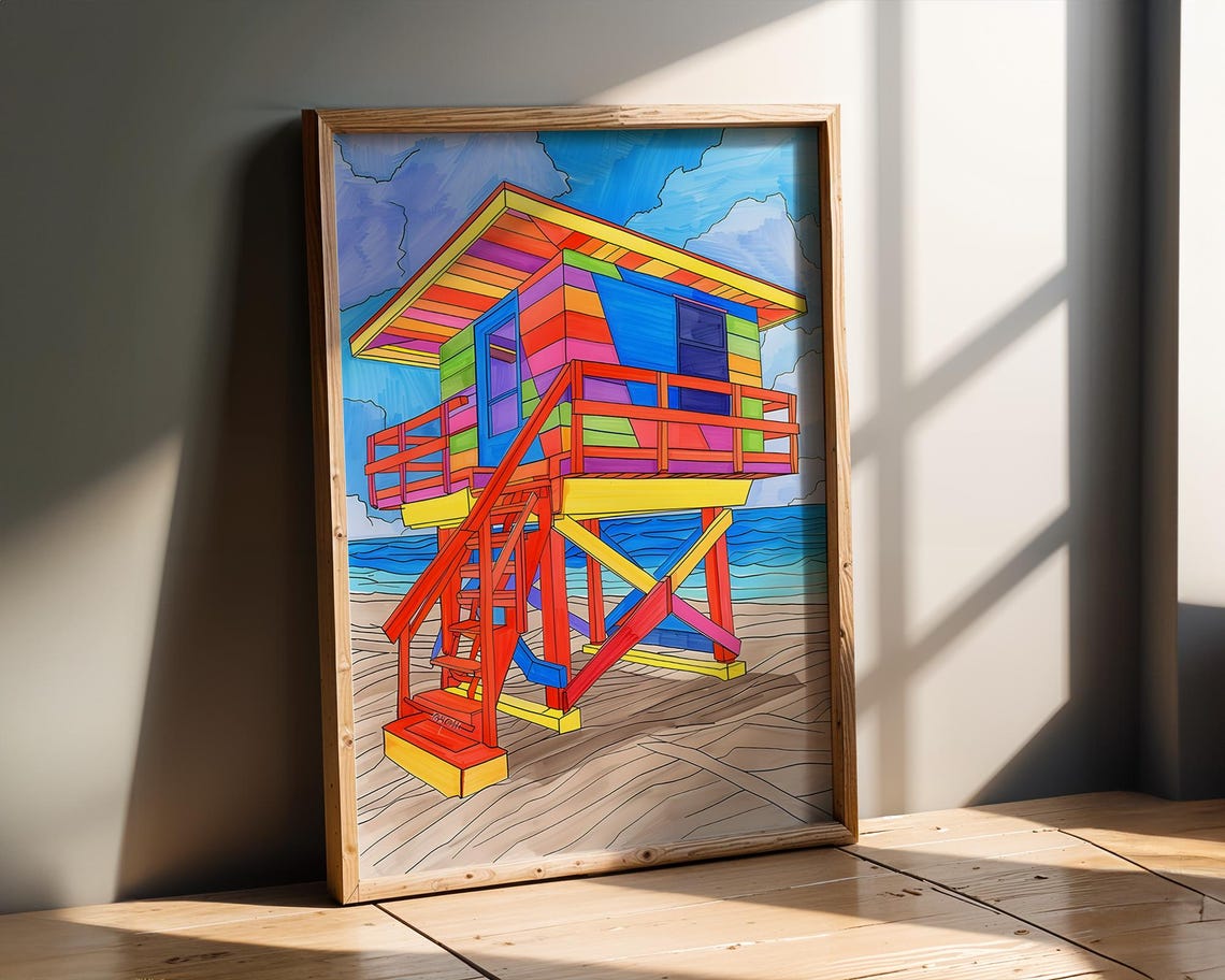 Rainbow Lifeguard Tower Miami Beach Pop Art Coastal Wall Decor Poster