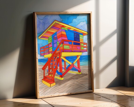 Rainbow Lifeguard Tower Miami Beach Pop Art Coastal Wall Decor Poster