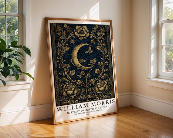 Golden Crescent Moon Art Print William Morrisinspired Botanical Poster With Dark Floral Star Motif Cottage Girly Bedroom Office
