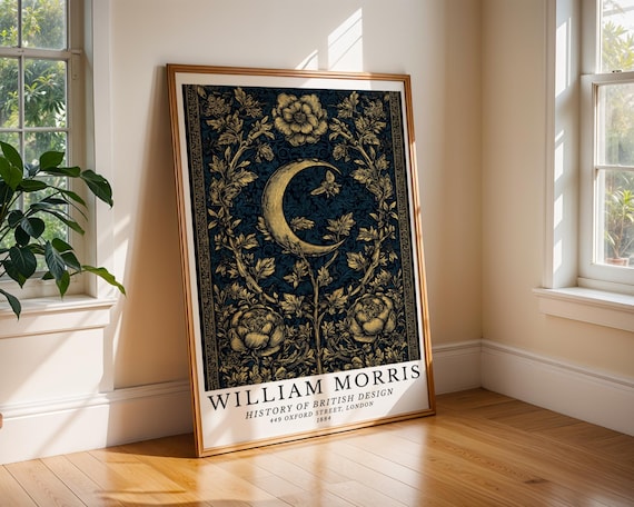 Golden Crescent Moon With Bee Among Dark Florals Morris Poster