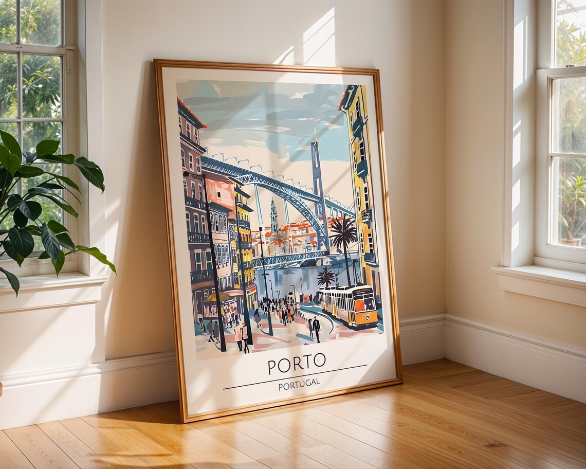 Porto Portugal Riverside Tram Pastel Watercolor Travel Poster