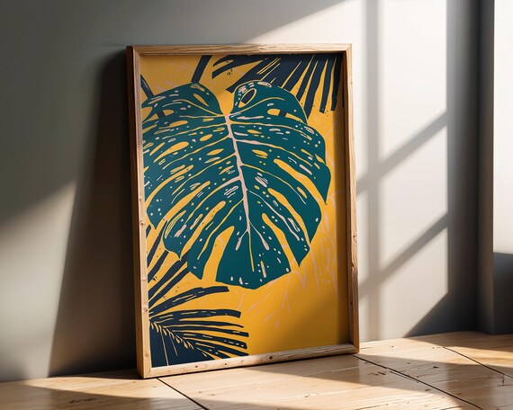 Monstera Leaf Print Tropical Wall Art Modern Botanical Poster Minimalist Decor Dark Teal Yellow Abstract Jungle Plant