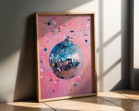 Pink Disco Ball Wall Art Print Retro Party Room Decor Colourful Confetti Pop Poster Funky Glam Dance Music Themed Home Decoration