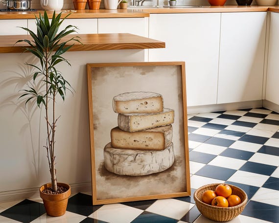Gourmet Cheese Grapes Rustic Kitchen Art Print