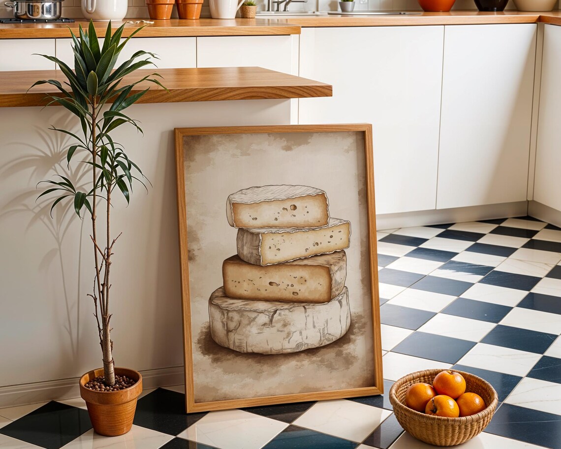 Gourmet Cheese Grapes Rustic Kitchen Art Print
