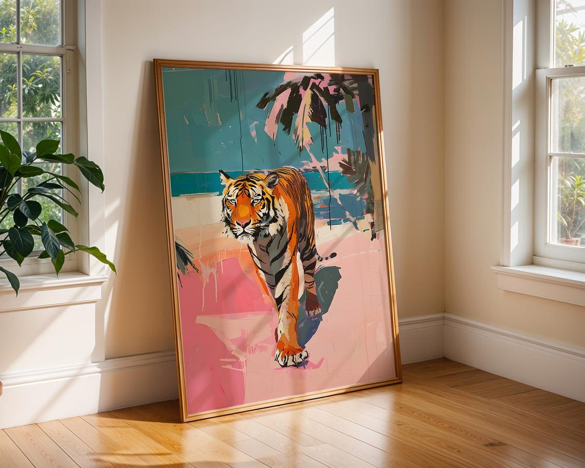 Abstract Tiger On Pink Tropical Beach Bold Modern Pop Art Poster