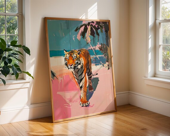 Abstract Tiger Beach Art Print Vibrant Summer Animal Poster Modern Jungle Decor Bold Coastal Wall Tropical Safari