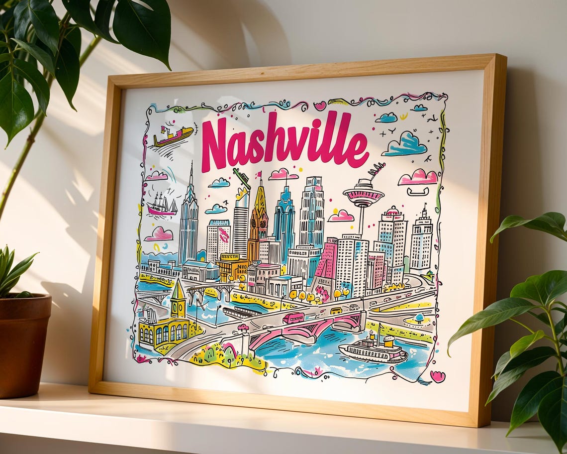 Nashville Tennessee Hand Drawn Cityscape Illustrated Travel Poster