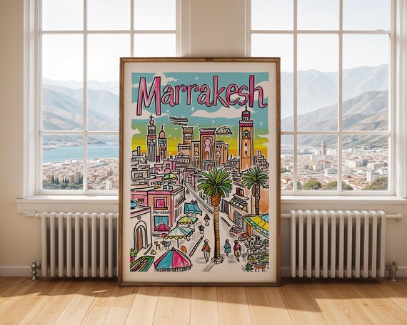 Marrakesh Morocco Vibrant Hand Drawn Medina Cityscape Travel Poster