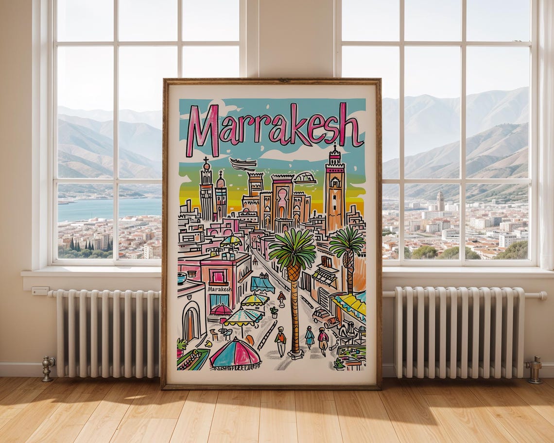 Marrakesh Morocco Vibrant Hand Drawn Medina Cityscape Travel Poster