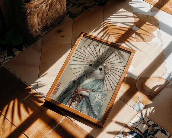 Cute Mouse in Blue Kimono With Parasol Kawaii Japanese Animal Poster