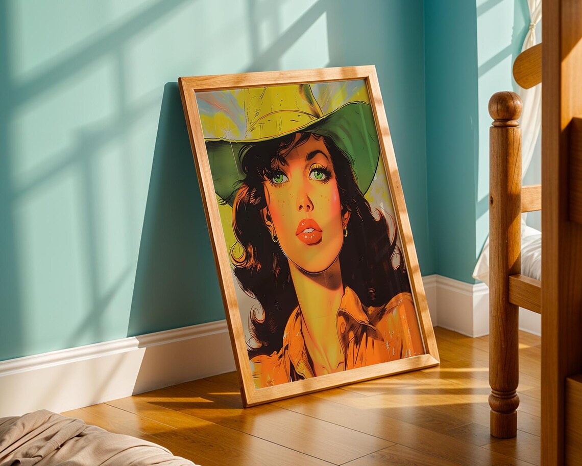 Pop Art Cowgirl in Green Hat Vibrant Western Style Portrait Poster