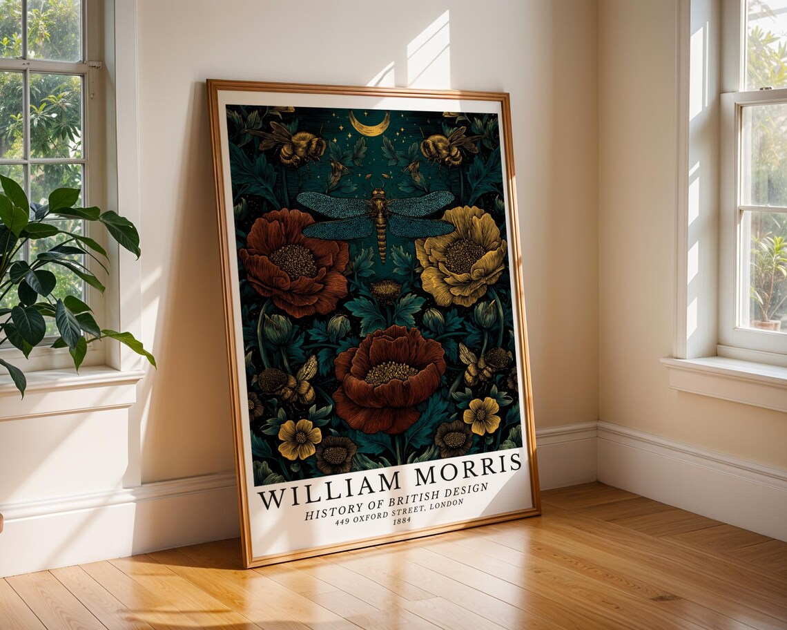 Teal Dragonfly and Bees Among Red Poppies Night Garden Poster