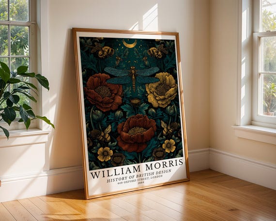 William Morris Dragonfly Poppies Art Print Red Yellow Floral Botanical Poster Victorian Garden Wall Decor Cottage Living Room