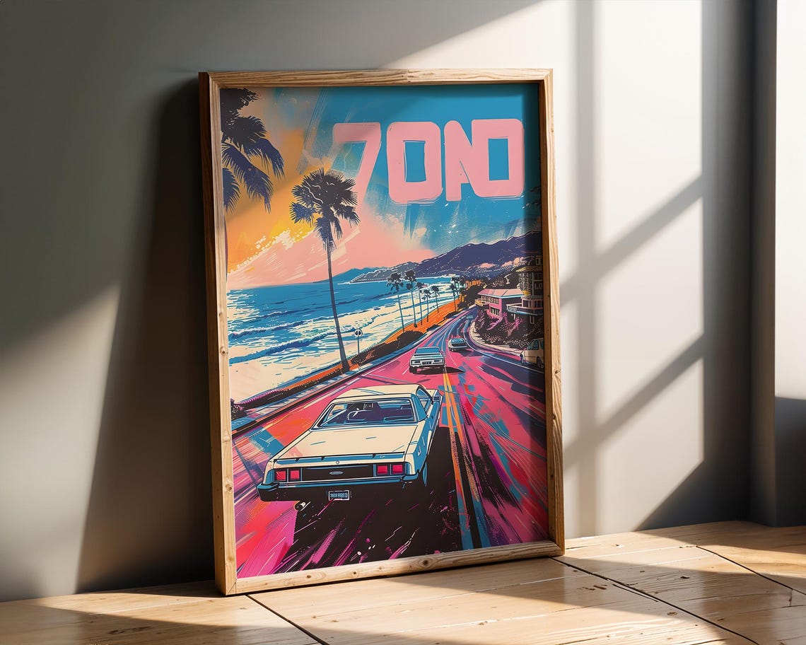 Retro 70s Muscle Car Sunset Coastal Highway Road Trip Poster
