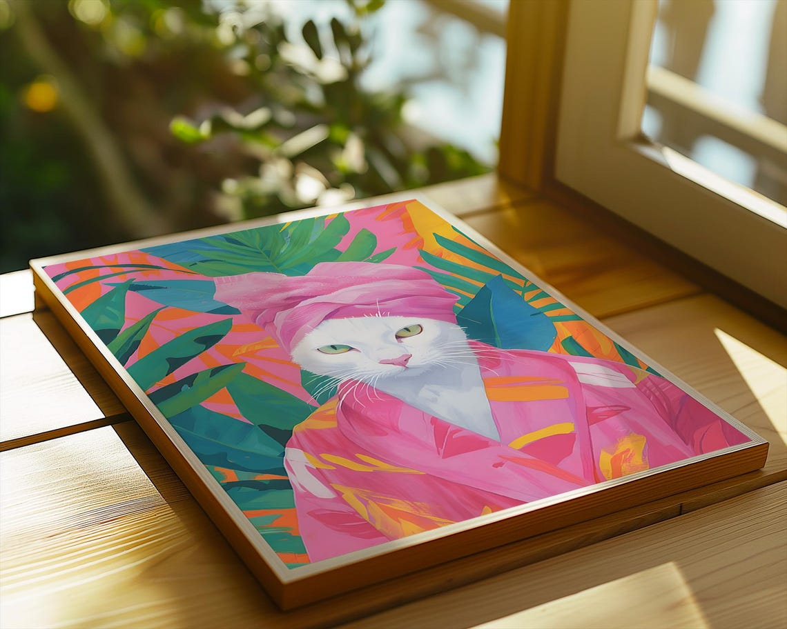 White Cat In Pink Spa Robe Tropical Leaves Funny Bathroom Poster
