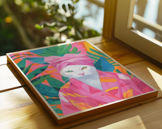 White Cat In Robe Wall Art Funny Tropical Bathroom Print Pink Towel Spa Day Bold Summer Animal Poster Jungle Decor