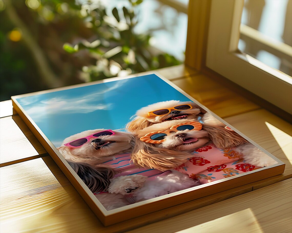 Funny Trio Of Dogs In Oversized Sunglasses Beach Day Puppy Poster