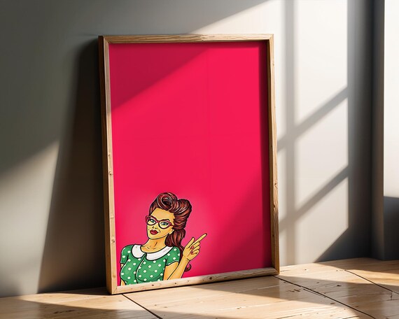 Pop Art Pin Up Girl Retro Green Polka Dot Dress Vintage Comic Style Wall Mid Century Modern Decor Home Office Bedroom Print
