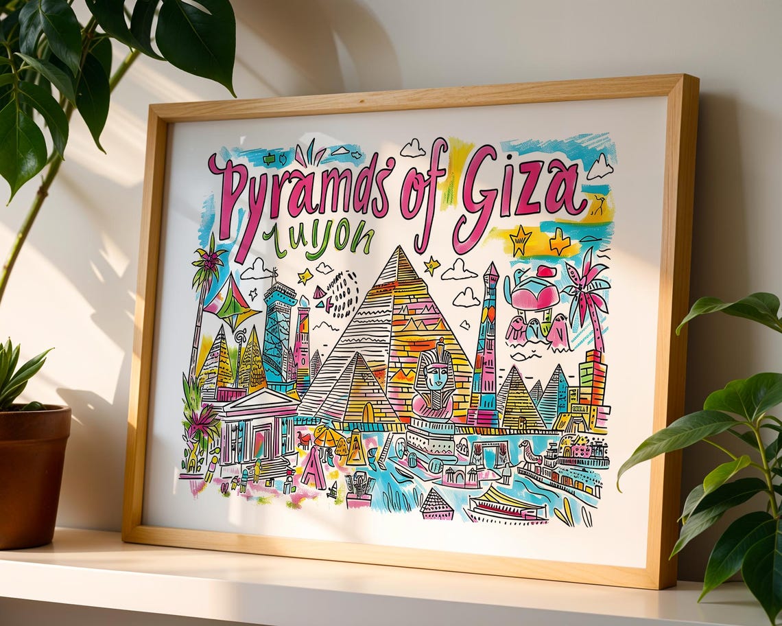 Pyramids of Giza Egypt Colourful Illustrated Sphinx Ancient Art Poster