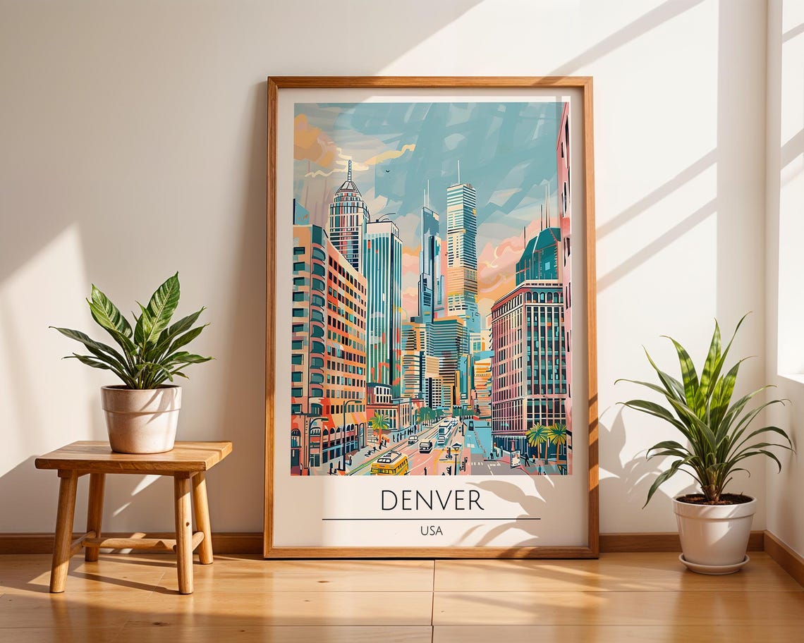 Denver Colorado Colorful Modern Downtown Skyline Travel Poster