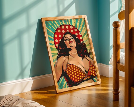Retro Pinup Pop Art Print Curvy Woman In Polka Dot Bikini Sun Hat Bold Vintage Wall Sexy Summer Beach Illustration Office