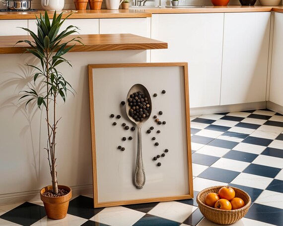 Black Peppercorns Vintage Spoon Minimalist Spice Photo Art Poster