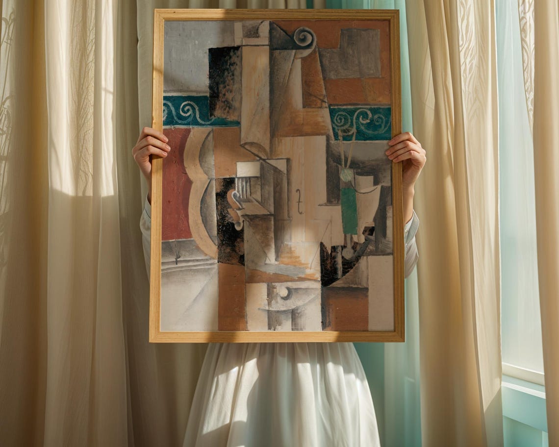 Picasso-Inspired Cubist Still Life Earthy Textured Abstract Poster
