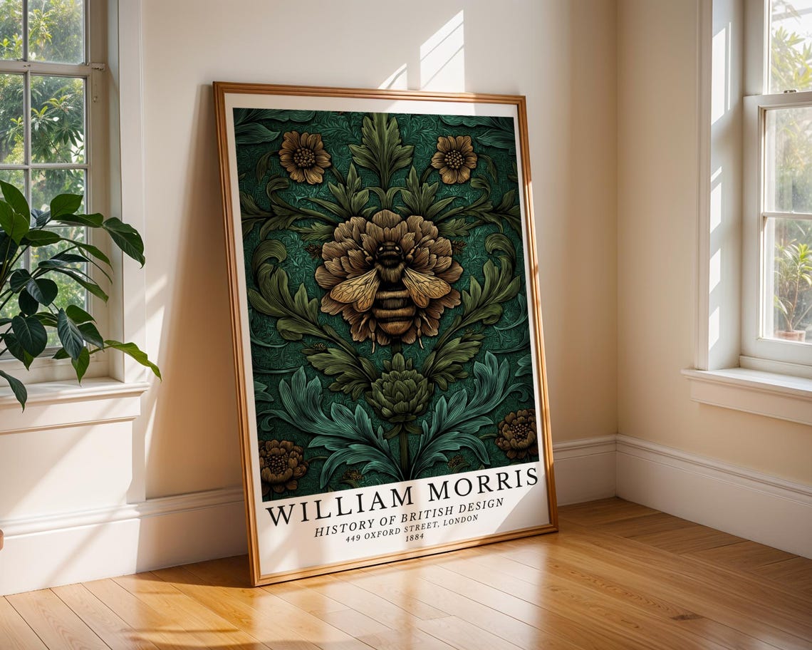 William Morris Style Bee on Flower Green Botanical Pattern Poster