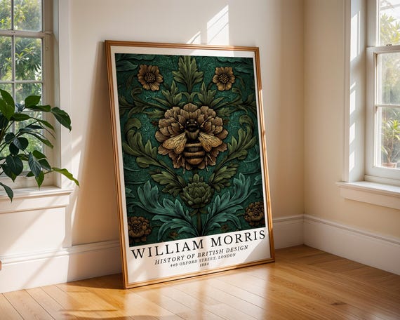 Bee Bloom William Morris Art Print Decorative Botanical Poster With Vintage Floral Pattern Nature Theme Cottage Bedroom Home Office