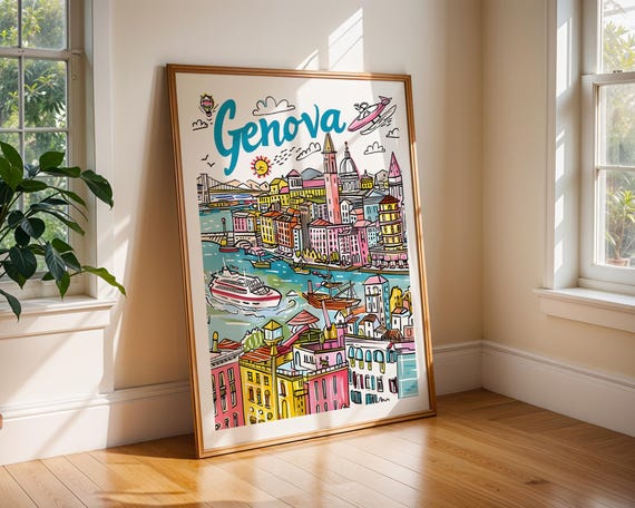 Genova Italy Travel Poster Print Colourful Coastal City Wall Art Italian Riviera Home Decor Illustration For Nautical Gallery
