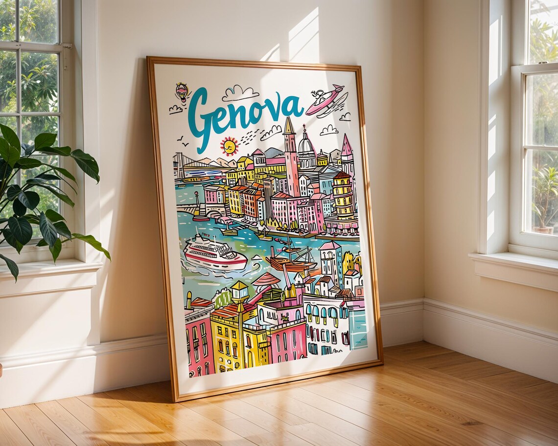 Genova Italy Colorful Harbor Illustration Coastal Travel Poster