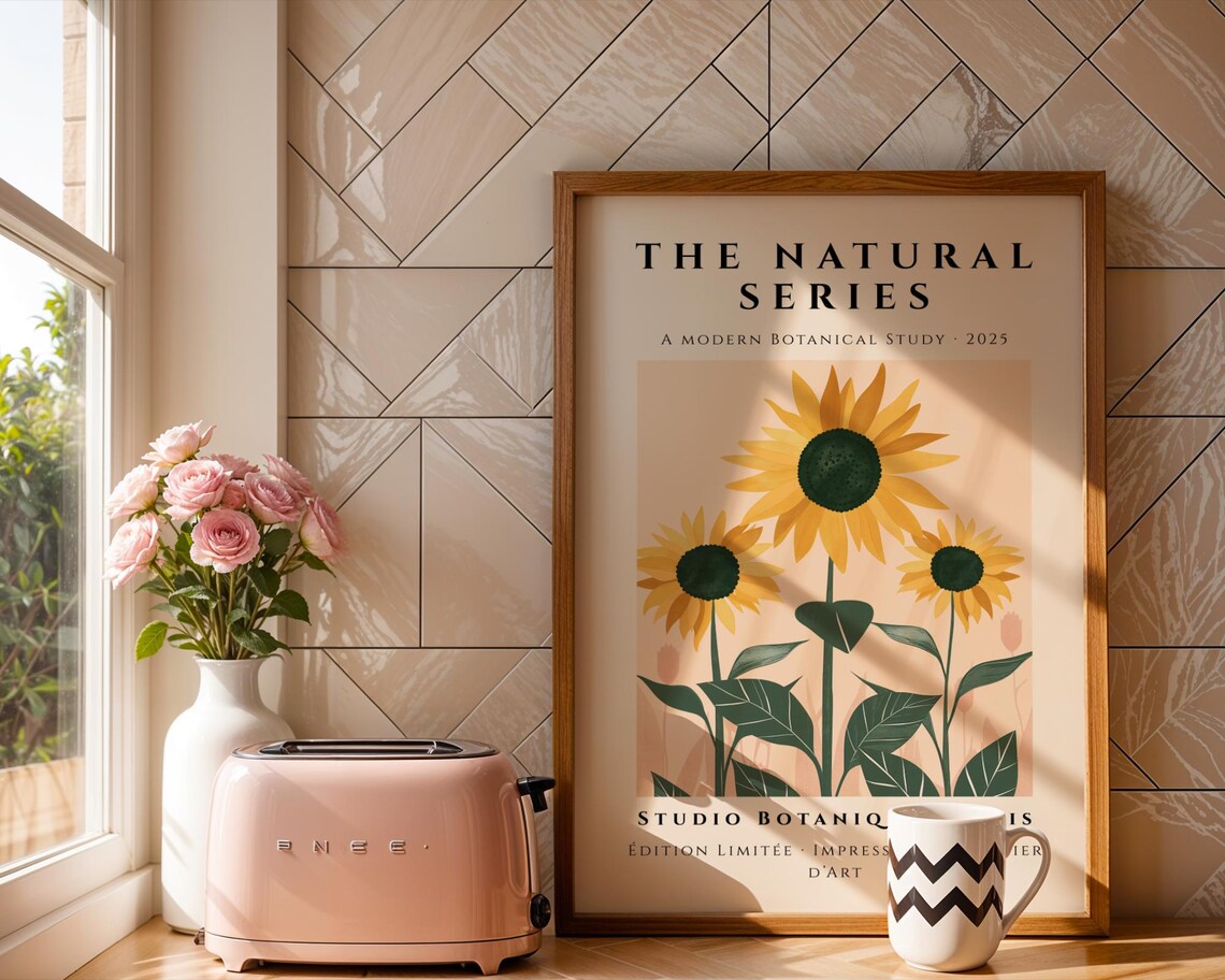 Three Golden Sunflowers Botanical On Blush Natural Series Wall Art