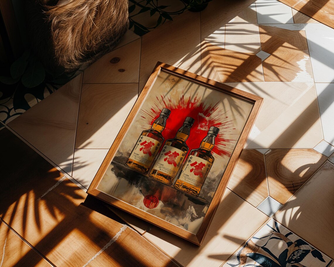 Three Japanese Whiskey Bottles Red Sunburst Kanji Bar Decor Poster