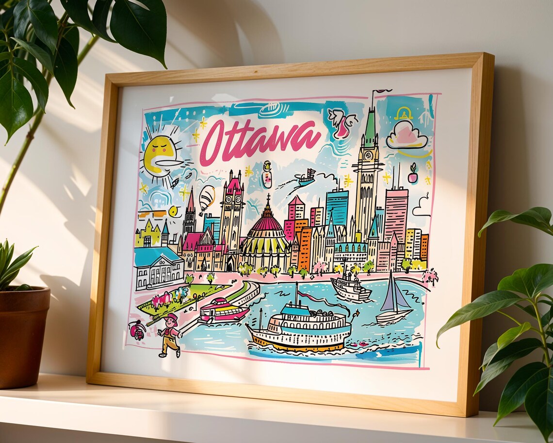 Ottawa Canada Colorful Illustrated Skyline Travel Art Poster
