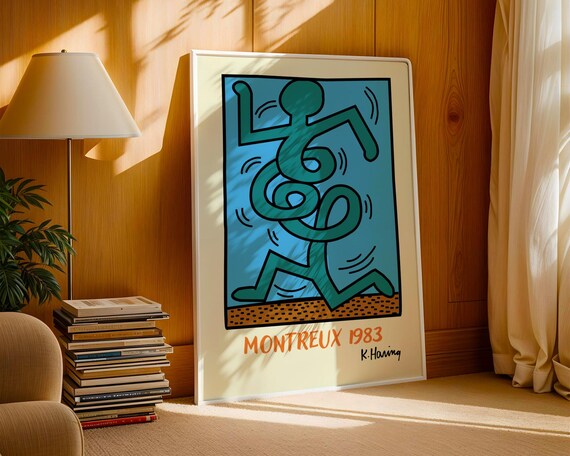 Keith Haringinspired Pop Art Print Montreux 1983 Poster Bold Graphic Street Energetic Running Figure Wall Decor Retro Vibe