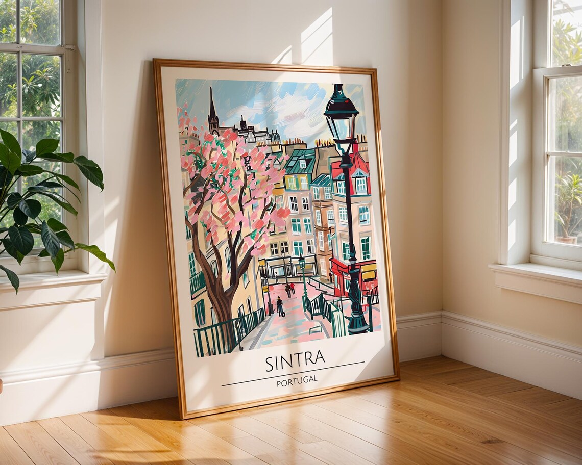 Sintra Portugal Pink Blossom Street Scene Illustrated Poster