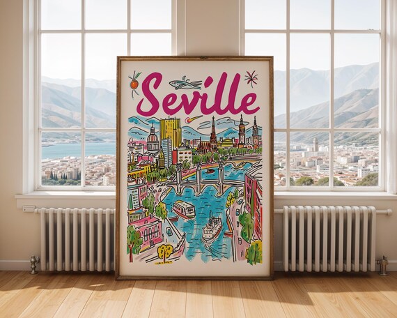 Seville Spain River Bridges Colorful Hand Drawn Travel Illustration Poster