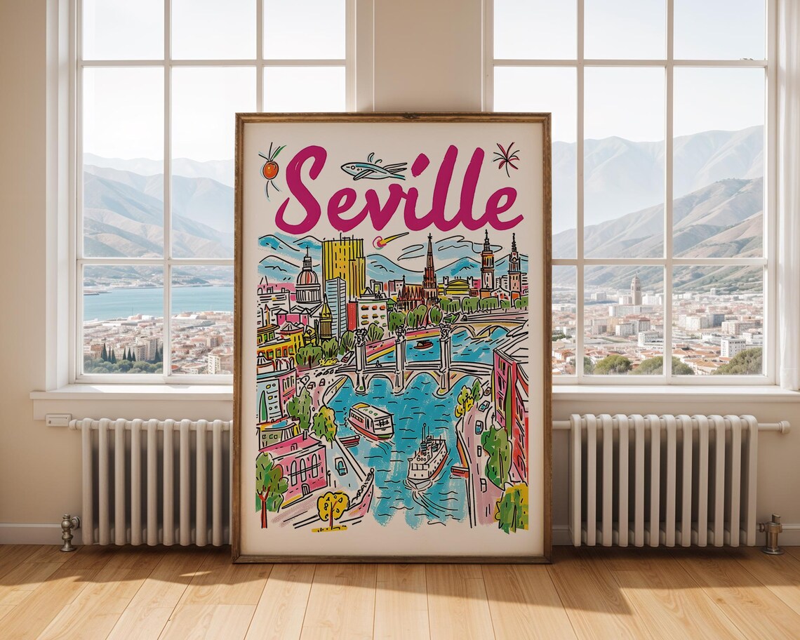 Seville Spain River Bridges Colorful Hand Drawn Travel Illustration Poster