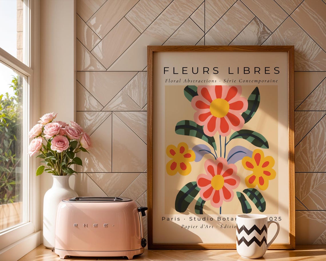 Fleurs Libres Paris Coral Pink Yellow Flower Art Poster Botanical