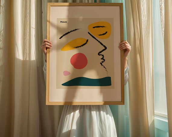 Picasso Abstract Face Art Print Yellow Teal Pink Modern Shapes Line Drawing Bold Contemporary Home Decor Poster